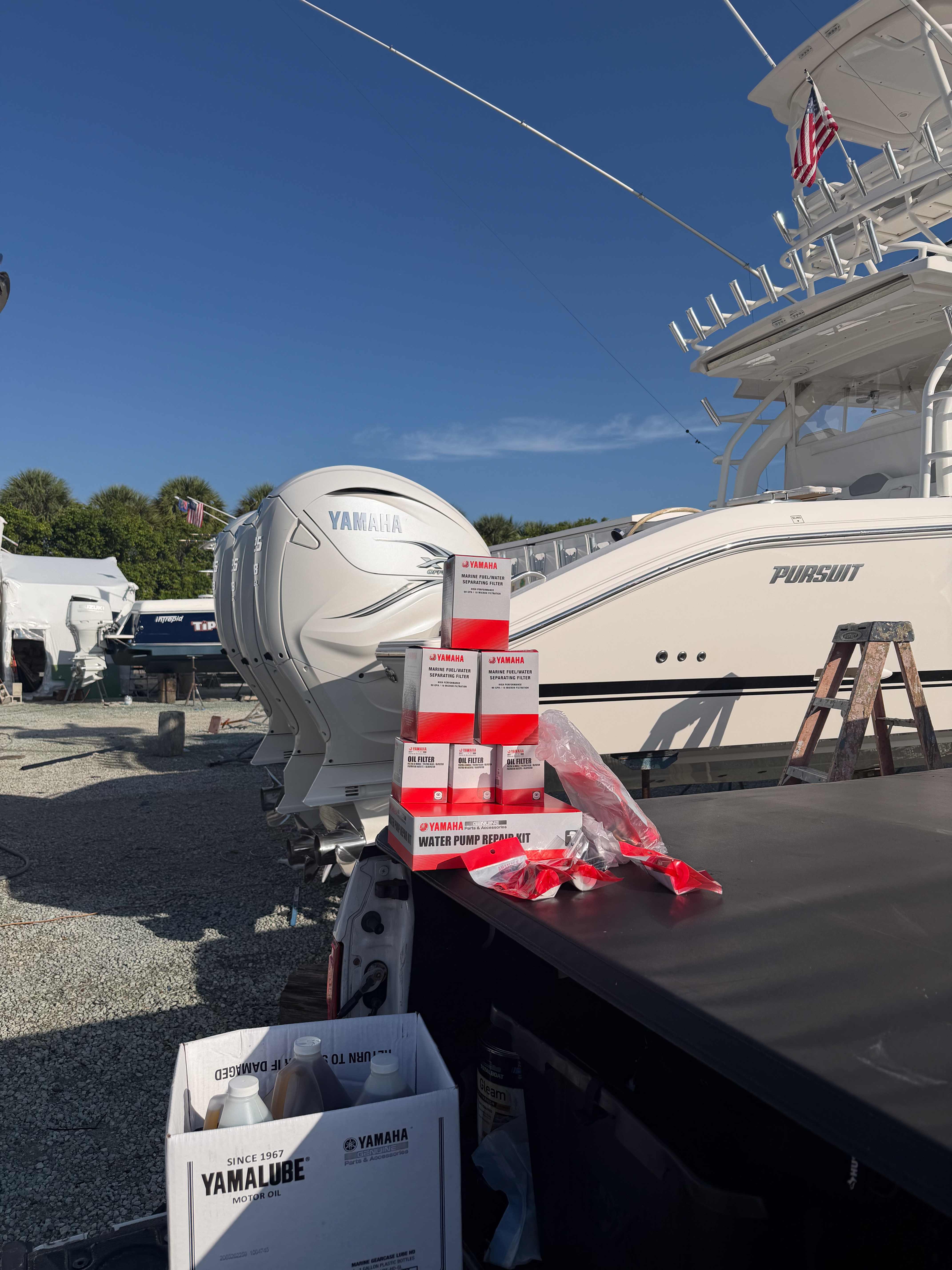 Marine engine components and wiring during service